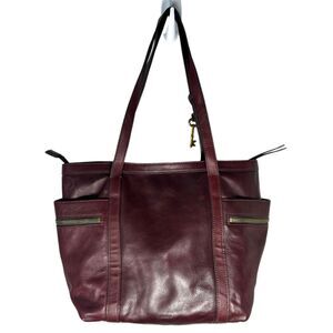 Fossil Caitlyn Leather Tote Handbag Burgundy Brandy Purse Bag